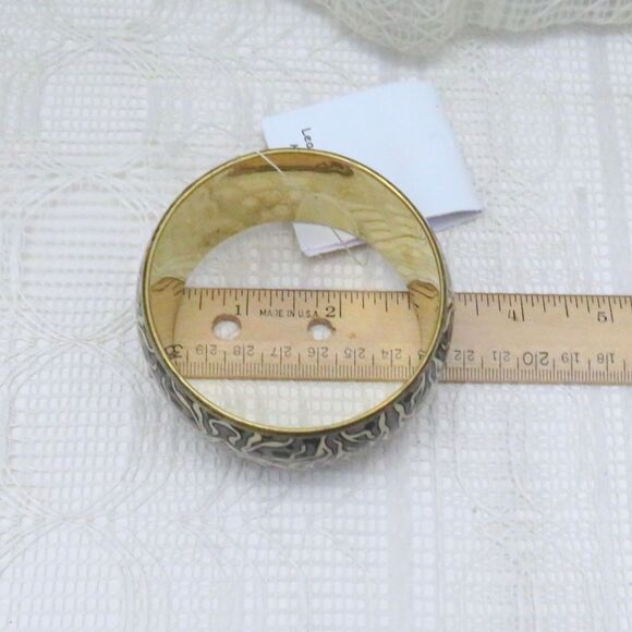 Wide Metal Bangle Bracelet with Tan and Black Pattern for Women Casual Chunky - Picture 3 of 6